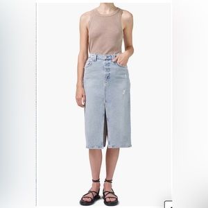Citizens of Humanity Bea Skirt 26. Color: Perella. Denim midi skirt w/ slits.